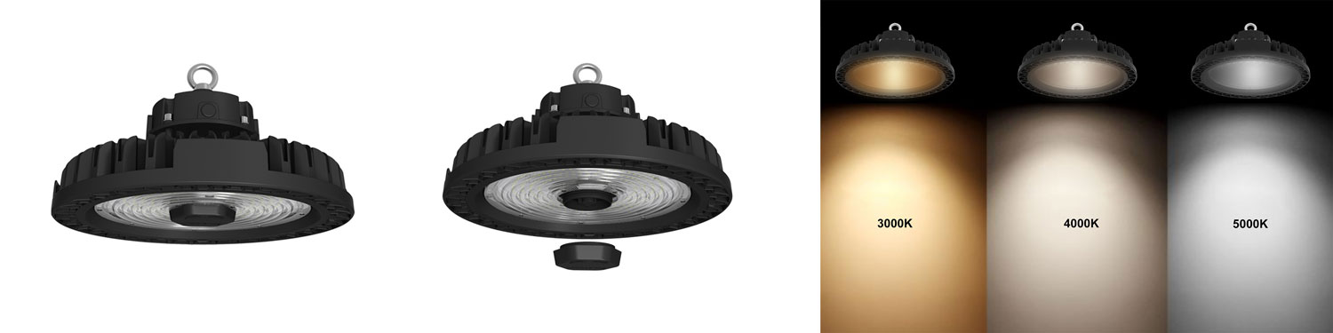 An LED high bay light with adjustable power and color temperature